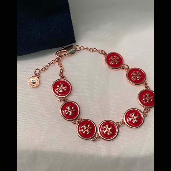 Tory Burch Jewelry - Tory Burch Red & Rose Gold  Monogram Bracelet